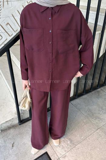 Lamelif Cepli Modal Pantolonlu Takım Mürdüm