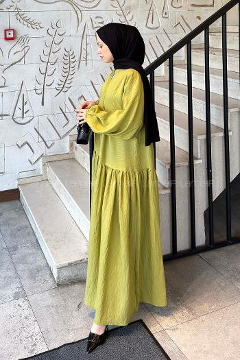 Lamelif Çizgi Detaylı Elbise Yağ Yeşili