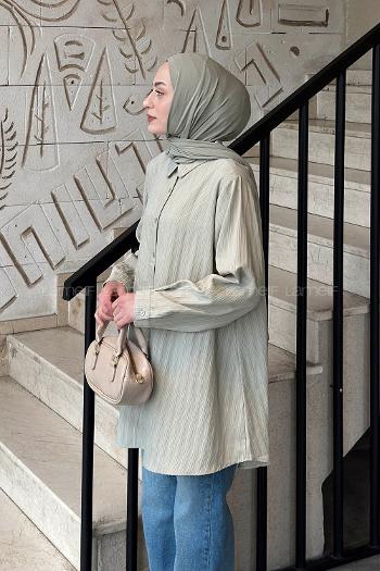 Lamelif Çizgi Geçişli Tesettür Gömlek Mint Yeşili