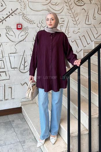 Lamelif Çizgi Geçişli Tesettür Gömlek Mürdüm