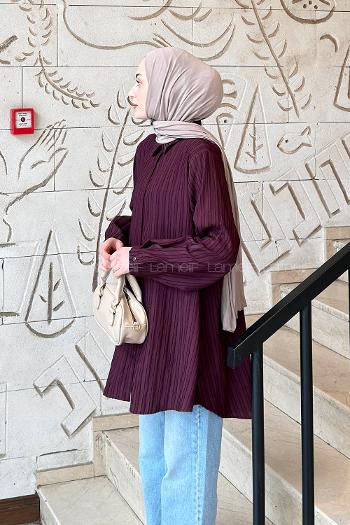 Lamelif Çizgi Geçişli Tesettür Gömlek Mürdüm