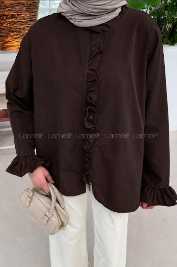 Bitter Brown Mandarin Collar Long Arm Poplin Fabric Unprinted Shirt