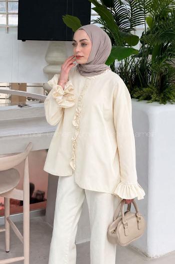 Beige Mandarin Collar Long Arm Poplin Fabric Unprinted Shirt