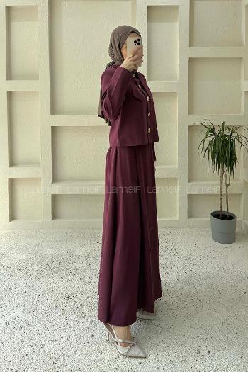 Lamelif Fiyonk Görünümlü Çift Yaka Takım Mürdüm