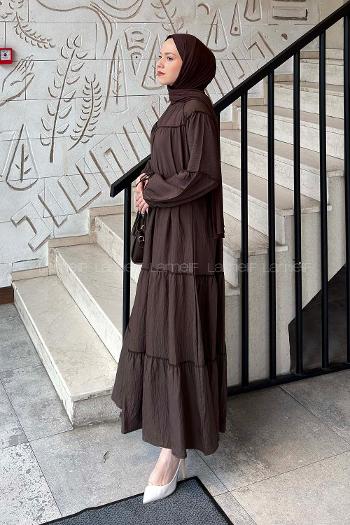 Lamelif Kat Detaylı Bağlamalı Elbise Acı Kahve