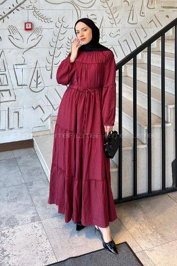 Lamelif Kat Detaylı Bağlamalı Elbise Bordo
