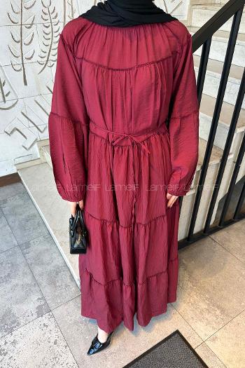 Lamelif Kat Detaylı Bağlamalı Elbise Bordo