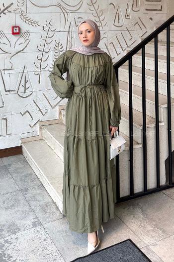 Lamelif Kat Detaylı Bağlamalı Elbise Haki