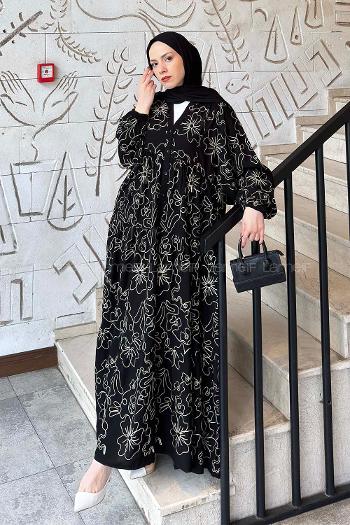 Lamelif Katleya Model İşlemeli Elbise Siyah