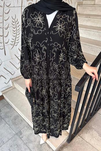 Lamelif Katleya Model İşlemeli Elbise Siyah