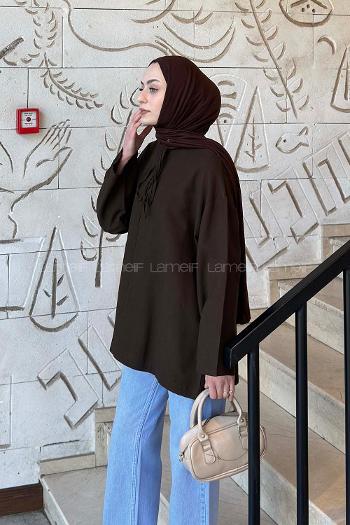 Lamelif Milano Keten Yakası Bağlamalı Gömlek Acı Kahve