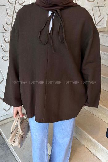 Lamelif Milano Keten Yakası Bağlamalı Gömlek Acı Kahve