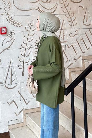 Lamelif Milano Keten Yakası Bağlamalı Gömlek Haki