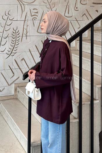 Lamelif Milano Keten Yakası Bağlamalı Gömlek Mürdüm