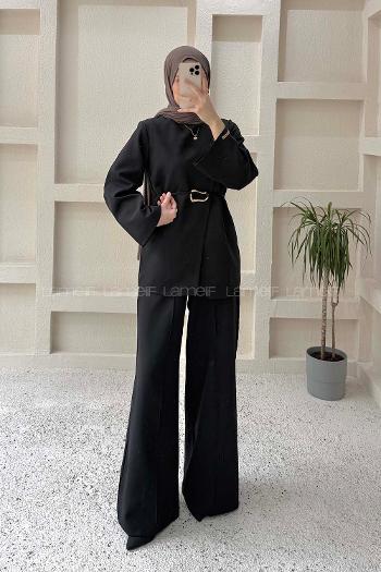 Black Neckband Long Arm Elastan Polyester Regular Trousers Comfortable Suit