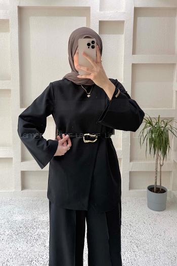 Black Neckband Long Arm Elastan Polyester Regular Trousers Comfortable Suit