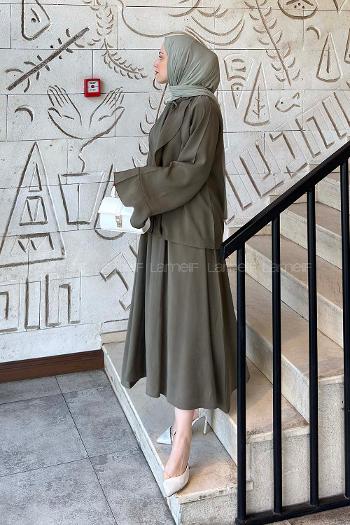 Lamelif Tensel Fırfırlı Tesettür Takım Haki