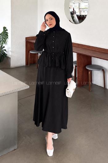 Black Shirt Collar Long Arm Viscose Fabric Flared Skirt Suit