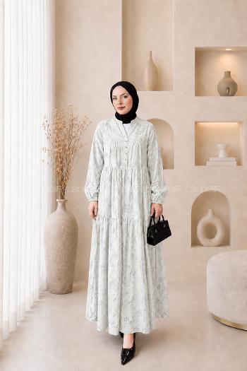 Lamelif Çiçek Desenli Gold Düğmeli Elbise Ekru