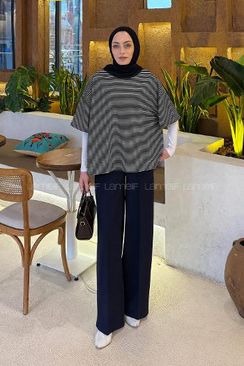 Lamelif Çizgili T-shirt Siyah-Ekru