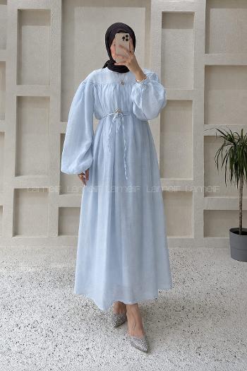 Baby Blue Crew Neck Cotton Unprinted Dresess