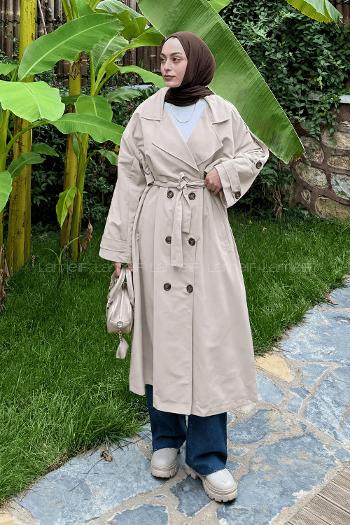 Lamelif Uzun Apoletli Oversize Trenç Taş Rengi
