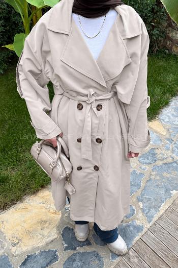 Lamelif Uzun Apoletli Oversize Trenç Taş Rengi