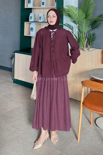 Lamelif V Yaka Kolları Lastikli Müslin Tesettür Gömlek Mürdüm