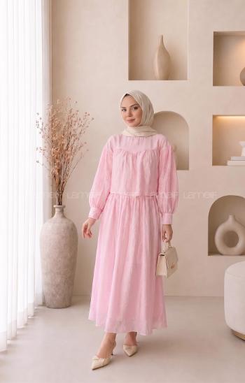 Lamelif Biye Detaylı Etekli Takım Pembe
