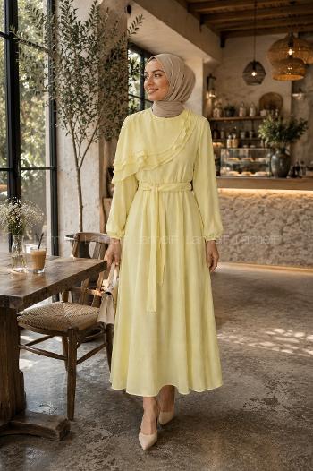 Lamelif Katlı Volan Detaylı Kuşaklı Elbise Sarı