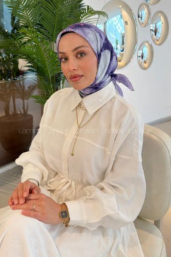 Lamelif Bohem Çiçek Desen Soft Eşarp Lila