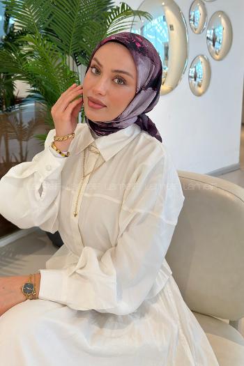 Lamelif Bohem Çiçek Desen Soft Eşarp Mürdüm