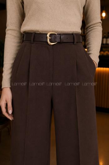 Lamelif Çift Pileli Kemerli Pantolon Acı Kahve