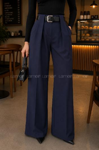 Lamelif Kemerli Palazzo Pantolon Lacivert