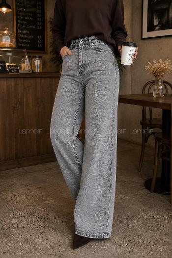 Lamelif Yüksek Bel Wide Leg Pantolon Gri
