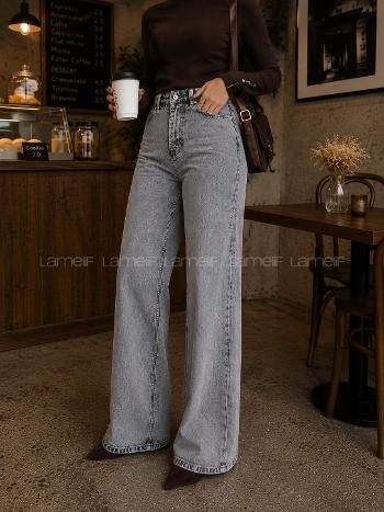 Lamelif Yüksek Bel Wide Leg Pantolon Gri