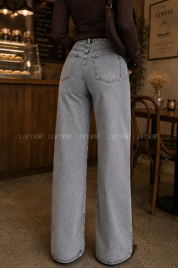 Lamelif Yüksek Bel Wide Leg Pantolon Gri