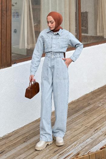 Ice Blue Shirt Collar Denim Overalls