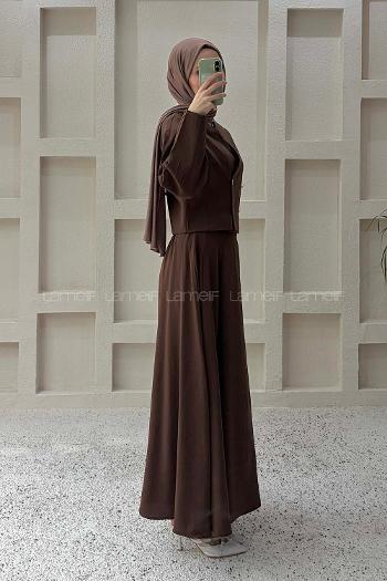 Lamelif Crop Ceket-Etek Takım Kahverengi