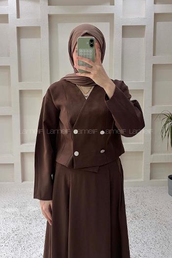 Lamelif Crop Ceket-Etek Takım Kahverengi