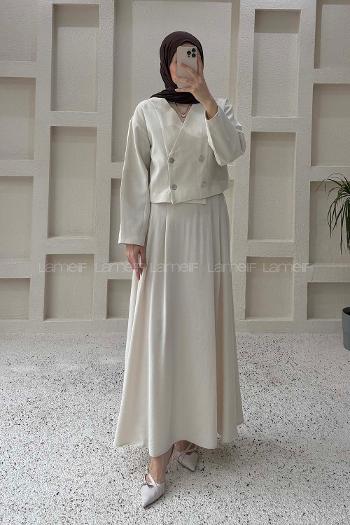 Lamelif Crop Ceket-Etek Takım Taş Rengi