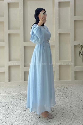 Baby Blue Crew Neck Cotton Unprinted Dresess