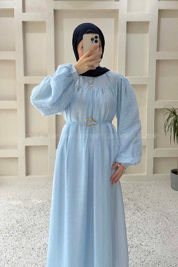 Baby Blue Crew Neck Cotton Unprinted Dresess