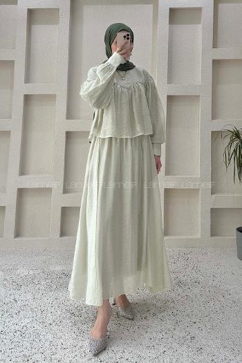 Mint Green Crew Neck Long Arm Cotton Flared Skirt Suit