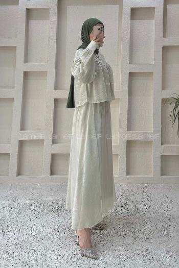 Mint Green Crew Neck Long Arm Cotton Flared Skirt Suit