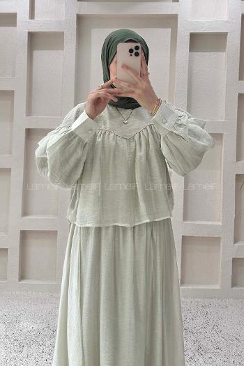 Mint Green Crew Neck Long Arm Cotton Flared Skirt Suit