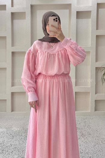 Lamelif Biye Detaylı Etekli Takım Pembe