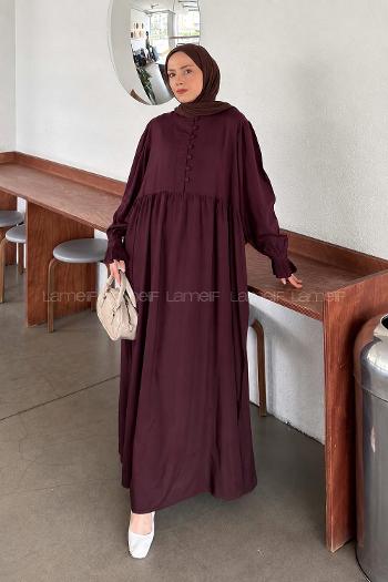 Lamelif Brit Düğmeli Tesettür Elbise Mürdüm
