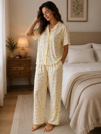 Lamelif Kadın Limon Desenli Fiyonk Özel Dikiş Pijama Takımı