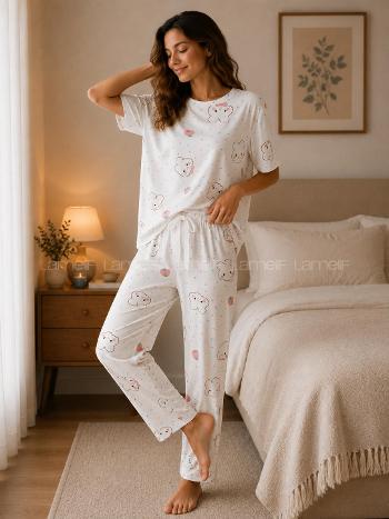 Lamelif Kadın Milan Kumaş Bulut Rüyası  Desen  Pijama Takımı